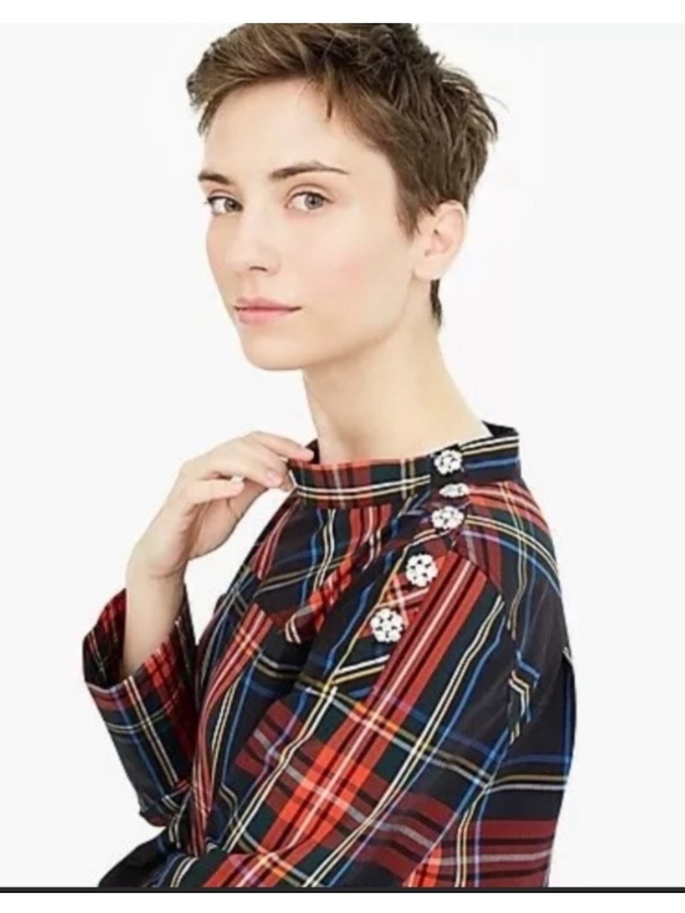 J.Crew Funnelneck 100% Cotton Top Stewart Tartan Jeweled Buttons Sz 8 EUC